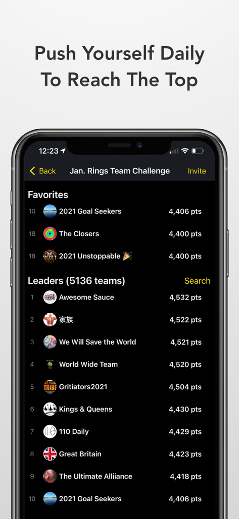 Ein Bildschirm der mobilen App, der eine Bestenliste von Fitness-Teams zeigt, die an einer monatlichen Challenge teilnehmen.