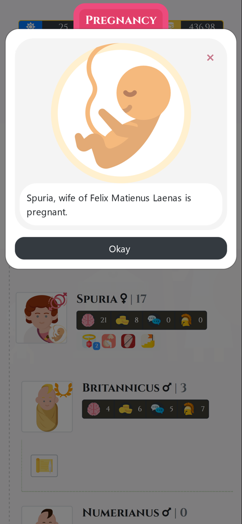 Pregnancy notification screen in Citizen of Rome Dynasty Ascendant showing a fetus illustration and character status.