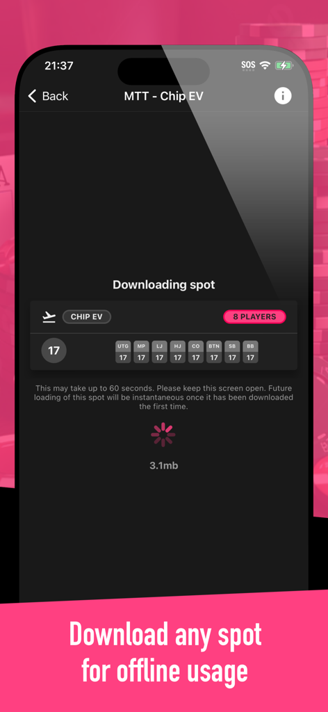 Screenshot of GTO Ranges+ app showing the download process for offline poker strategy access