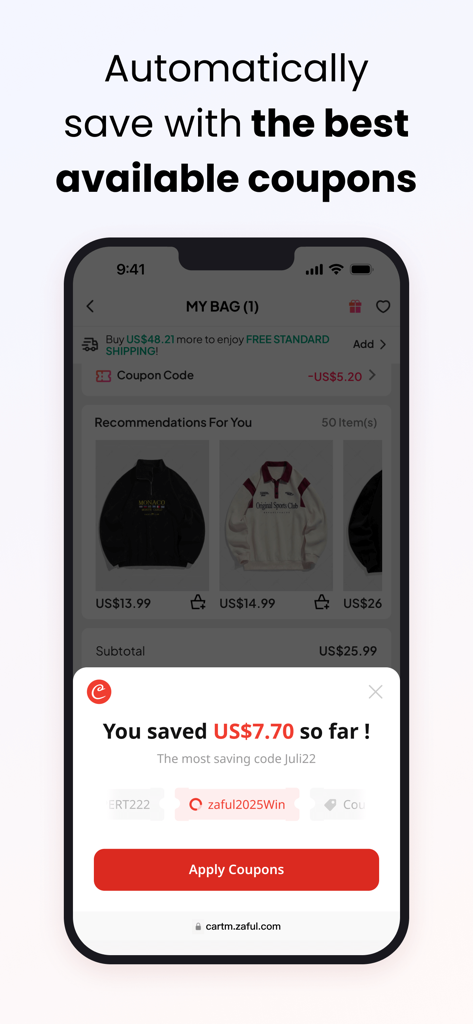 Interface de l'application Coupert démontrant l'application automatique de coupons et les économies à la caisse