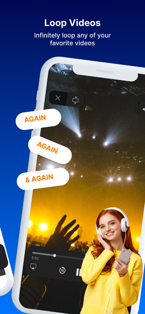 Loopideo - Loop Videos - Loopideo app interface showing a concert video playing on a loop with text bubbles saying again and again