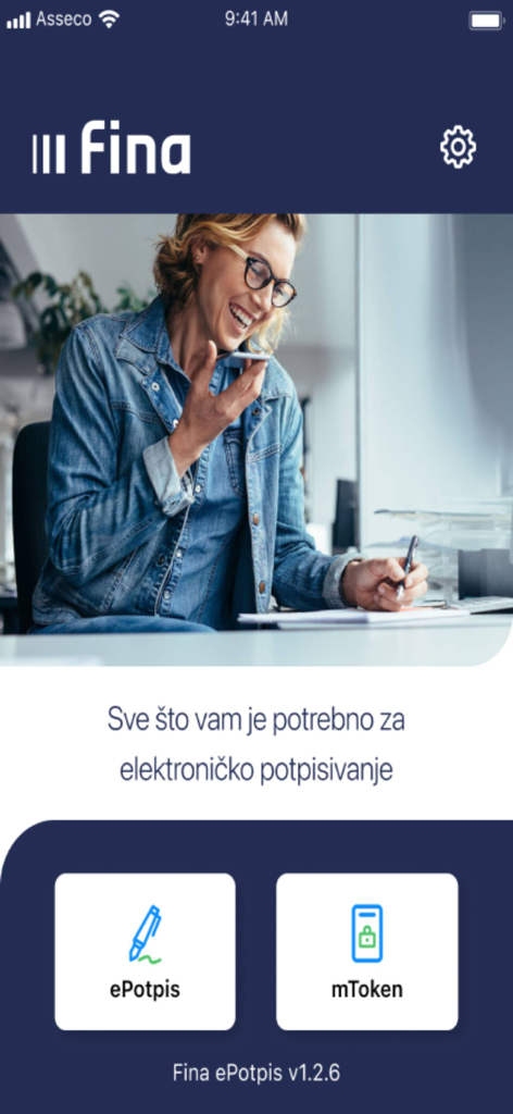 Fina e-Potpis Oblak - Fina e-Potpis Oblak app home screen showing e-signature and mobile token options