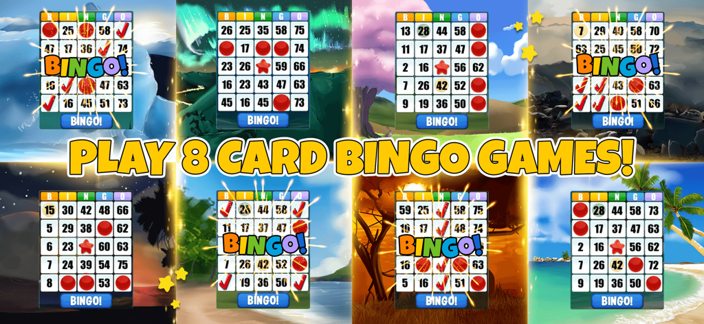 Absolute Bingo! Play Fun Games - Mobile game screenshot showing eight bingo cards played at once with different themed backgrounds