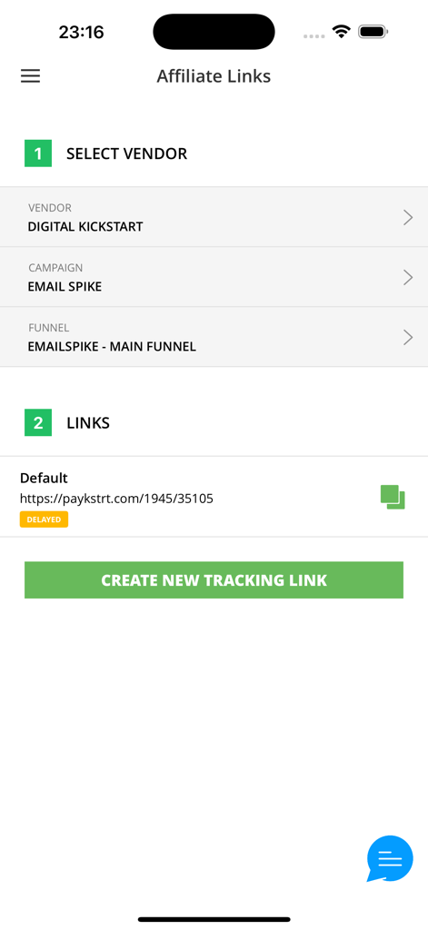 PayKickstart - A screen in the PayKickstart app for managing affiliate links including vendor selection and tracking link creation.