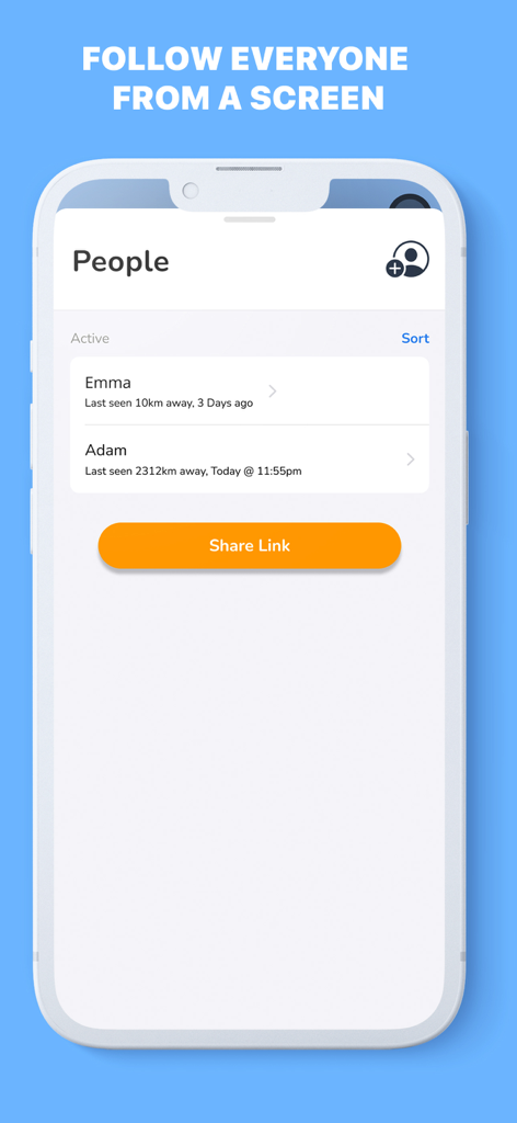 Mobile App-Bildschirm mit einer Liste der verfolgten Familienmitglieder mit ihrem zuletzt gesehenen Standortstatus und Entfernung