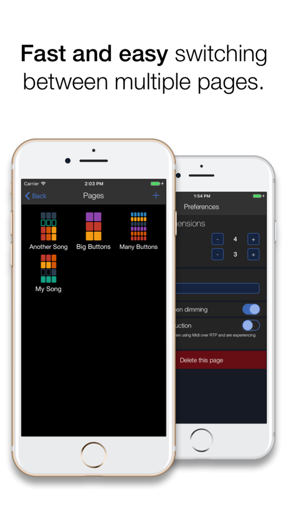 MidiPad 2 app screenshot showing easy switching between multiple MIDI pad layouts and page preferences on iPhone