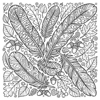 Celebrate the rich textures of autumn with this beautiful coloring page featuring detailed turkey feathers. Surrounded by classic fall foliage and treasures, it offers a serene escape into nature's artistry.