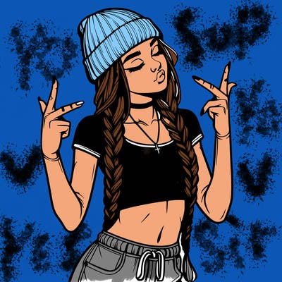 realistic teenage girl with braids and a beanie and crop top doing 🫶🏼