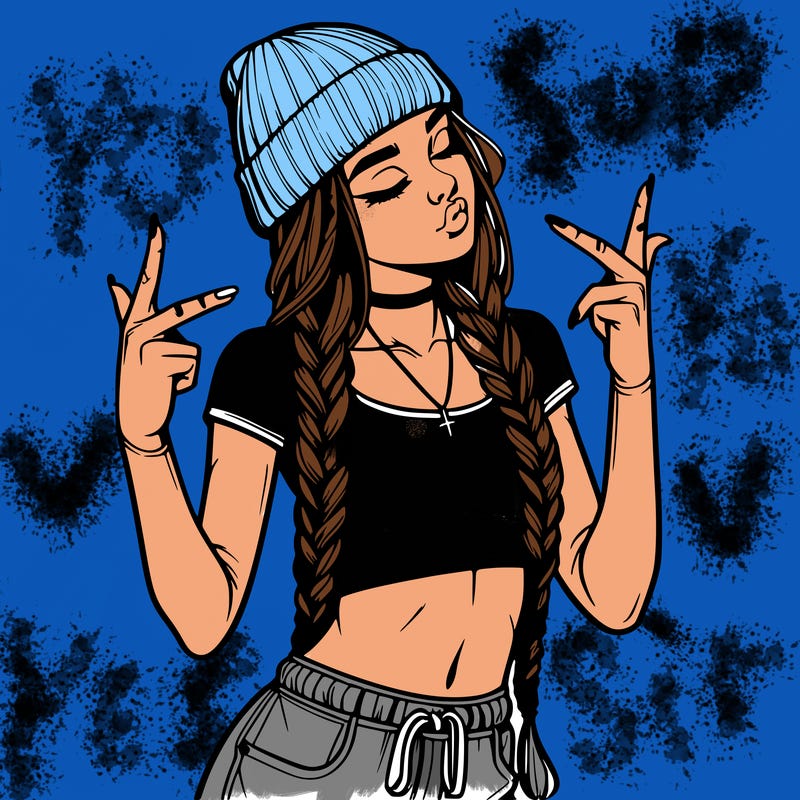 realistic teenage girl with braids and a beanie and crop top doing 🫶🏼