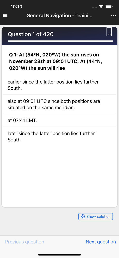 Fasttrack ATPL - Pilot Exams - Screenshot of a general navigation practice question in the Fasttrack ATPL pilot training app.