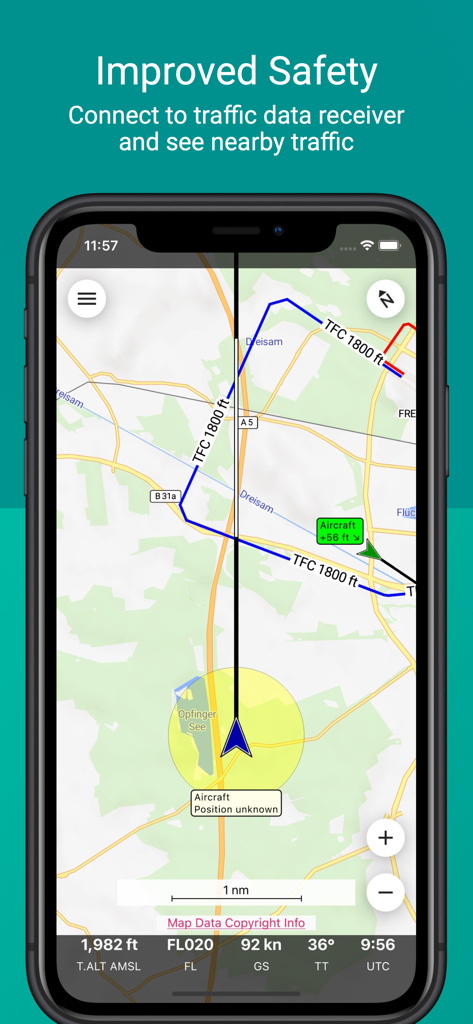 Enroute Flugnavigations-App-Oberfläche, die Echtzeit-Flugverkehrsdaten und eine Moving Map für VFR-Piloten anzeigt