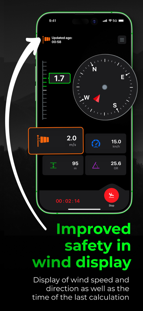 Vario One app interface displaying real-time wind speed, direction, and flight data on an iPhone.