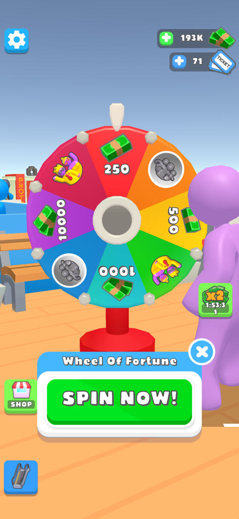 Shopping Mall 3D - A colorful wheel of fortune reward screen in the Shopping Mall 3D game with a spin now button
