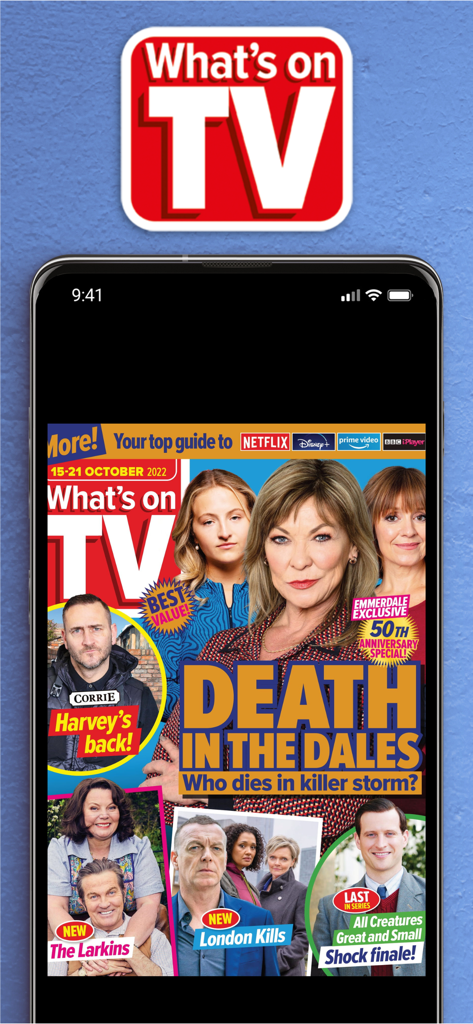 Smartphone displaying the Whats on TV Magazine digital cover with British soap opera news and TV listings