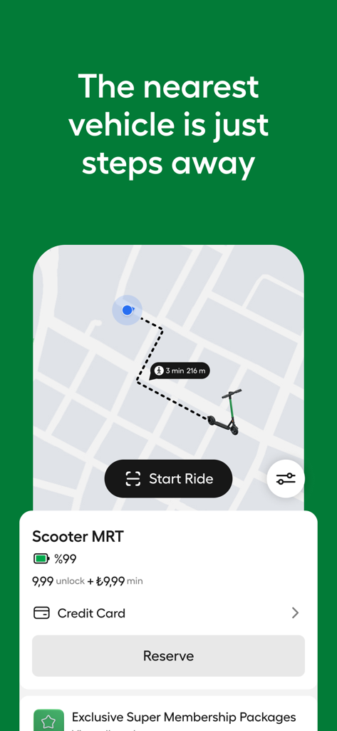 MARTI: TAG & Scooter - Map view in the Marti app showing a nearby electric scooter with its distance battery level and reservation button