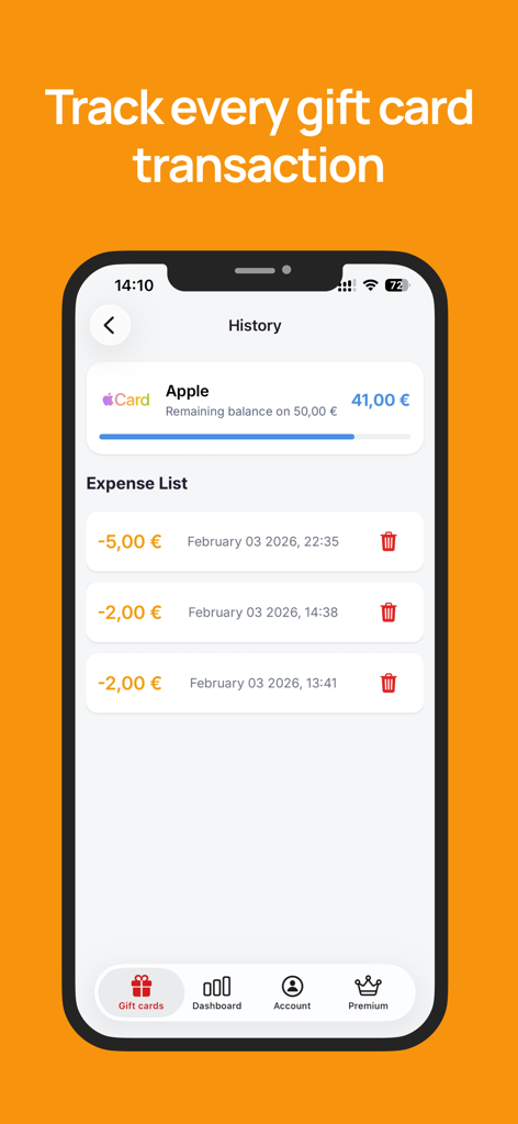 Gift Card Manager - Interface of Gift Card Manager app showing transaction history and remaining balance for an Apple gift card.