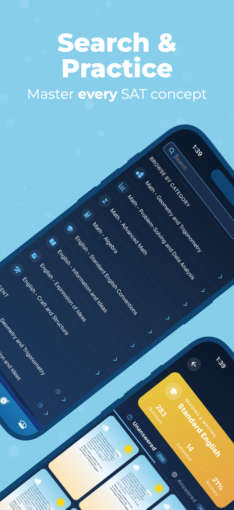 Dolphin: Digital SAT Test Prep - Dolphin app interface showing SAT practice categories for Math and English with progress tracking stats