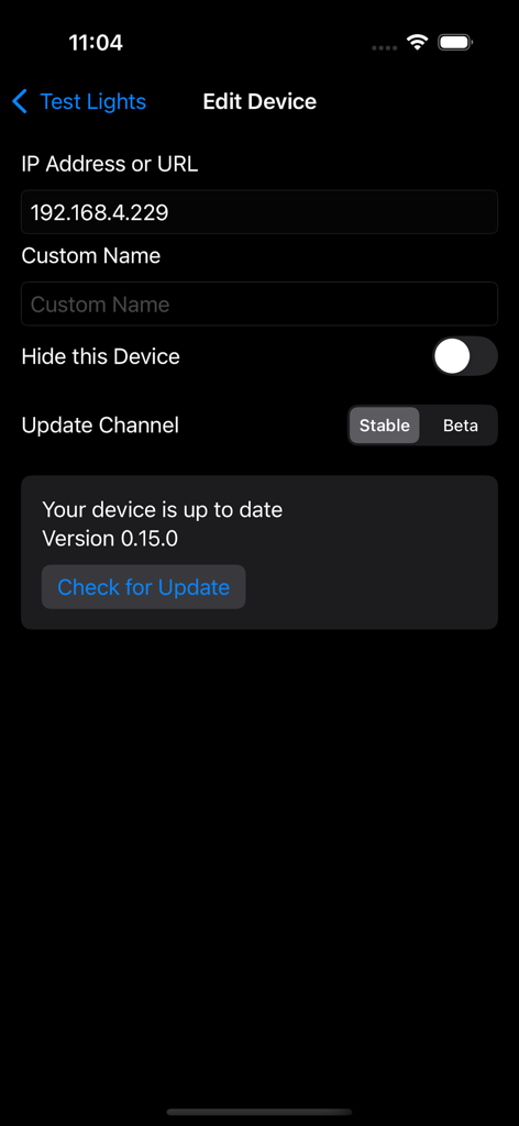 Glow Permanent Lighting - Glow Permanent Lighting app interface for editing device settings including IP address and firmware updates.