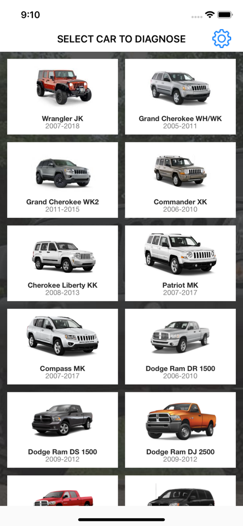 Screen showing a grid of Jeep and Dodge Ram models to select for vehicle diagnostics