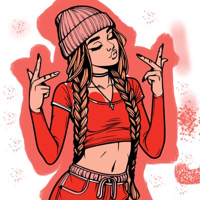 realistic teenage girl with braids and a beanie and crop top doing 🫶🏼