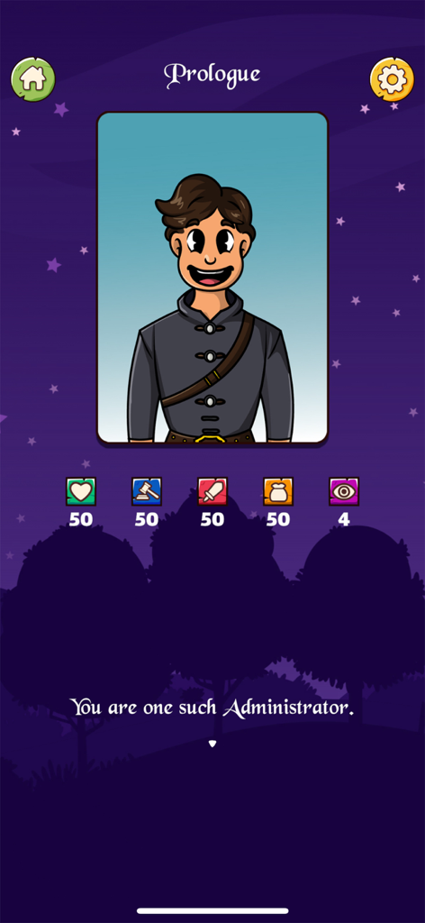 The Reeve - Screenshot of the prologue in The Reeve game showing the Administrator character and town resource stats