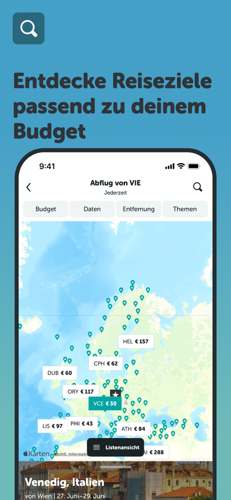 checkfelix: Flüge Hotels Autos - Interfaccia dell'app checkfelix che mostra la funzione Explore con una mappa dell'Europa e i prezzi dei voli basati su un budget prestabilito