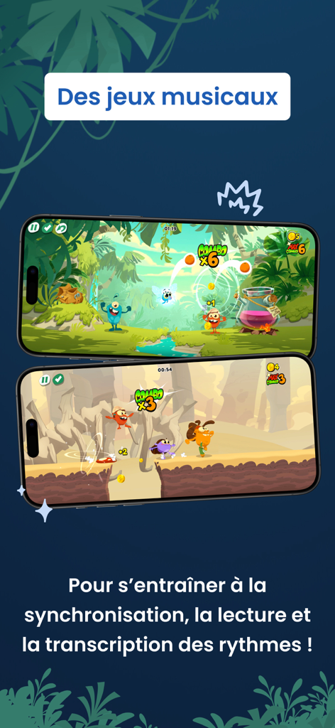 Poppins Learning - Deux écrans mobiles affichant des jeux éducatifs colorés basés sur la musique de l'application Poppins Learning