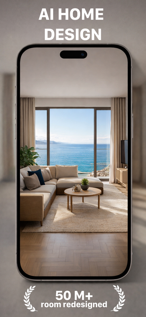 Home AI: Interior Design - AIホームデザインと海の景色を備えたモダンなリビングルームのインテリアデザインを表示するスマートフォンの画面