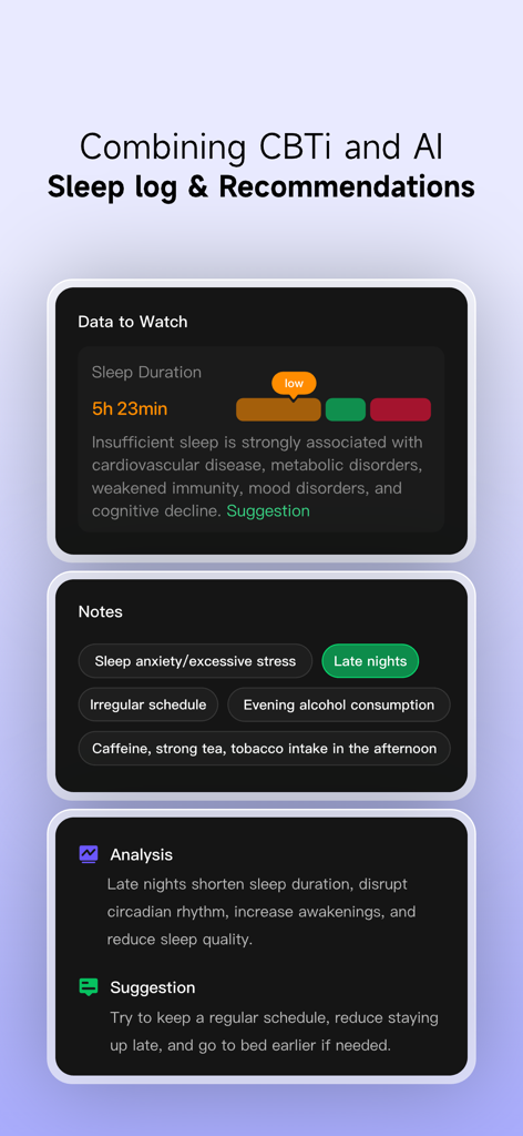 Sleepal: Sleep Tracker & Snore - Sleepal app interface showing sleep logs and AI-powered CBTi recommendations.
