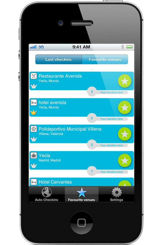 AutoSquare - The Foursquare automator - AutoSquare app screen displaying favorite locations and check-in history
