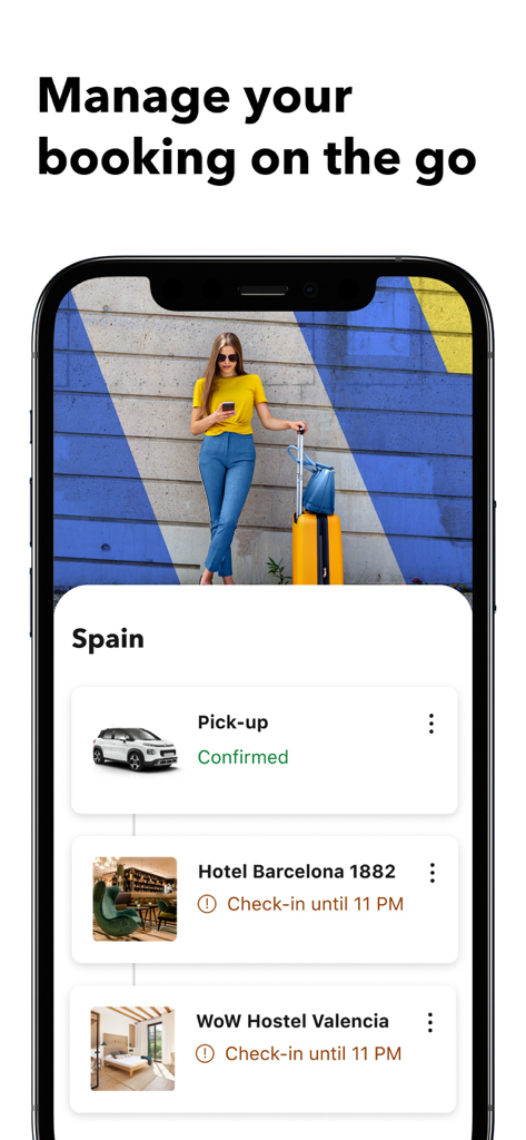 Smartphone screen displaying the Booking.com app with a travel itinerary for Spain including car rental and hotel details.