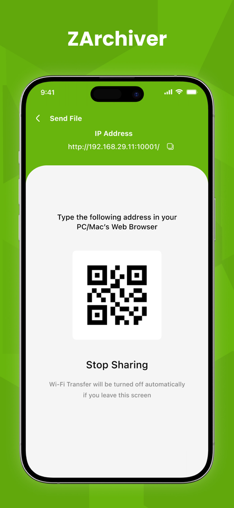 ZArchiver - Interfaccia dell'app ZArchiver per il trasferimento di file wireless tra mobile e PC utilizzando un codice QR e un indirizzo IP