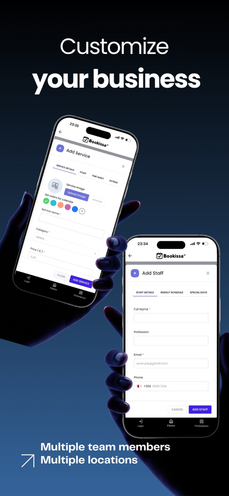 Bookissa - Bookissa app interface for adding beauty services and managing multiple staff members
