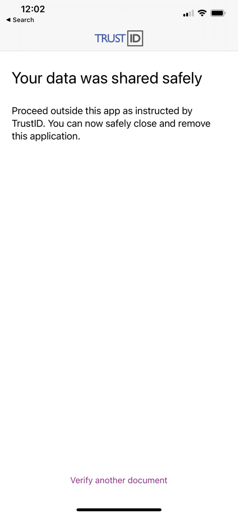 TrustID Chip Reader success screen confirming data was shared safely and verification is complete