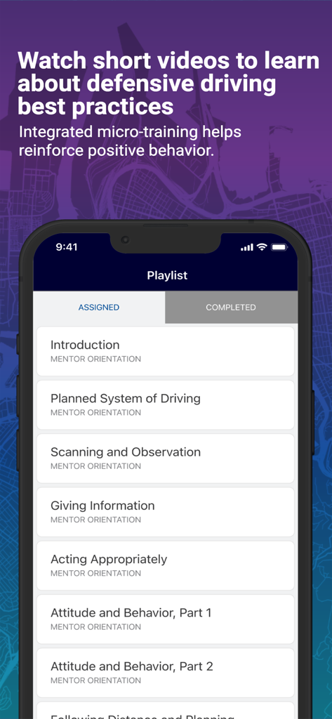 Mentor Business by eDriving℠ - Mentor Business app screen showing a list of assigned defensive driving training modules