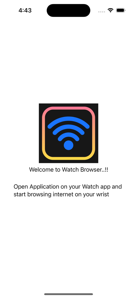 Schermata di benvenuto di Watch Web Browser su iPhone con istruzioni per iniziare a navigare su Apple Watch