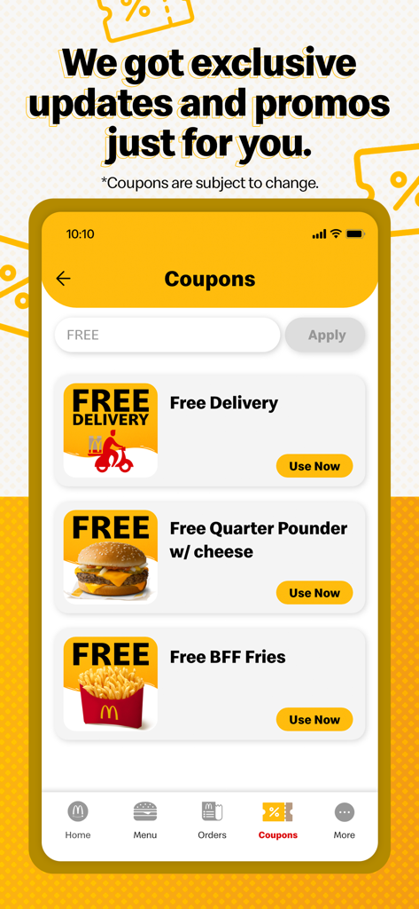 McDelivery PH - The coupons screen of the McDelivery PH app showing exclusive food and delivery offers.