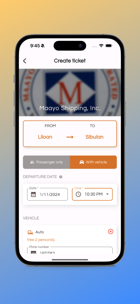 Tripket PH - Tripket PH app interface for booking a ferry ticket from Liloan to Sibulan with Maayo Shipping including vehicle options