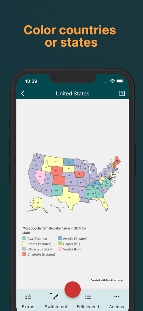 MapChart app interface showing a color coded map of the United States with a custom data legend.
