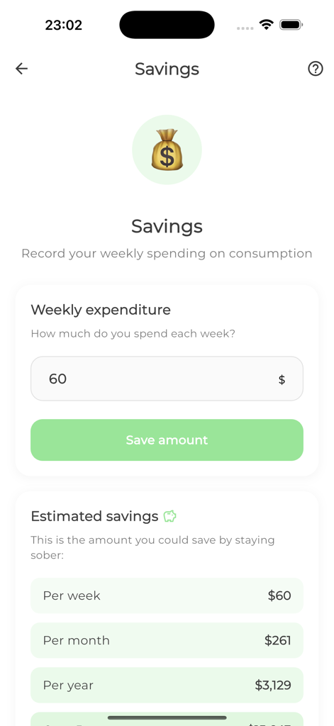 Bati - Recovery in your pocket - Ein Nüchternheits-Sparrechner in der Bati-App, der die geschätzten wöchentlichen, monatlichen und jährlichen Einsparungen durch Nüchternheit zeigt