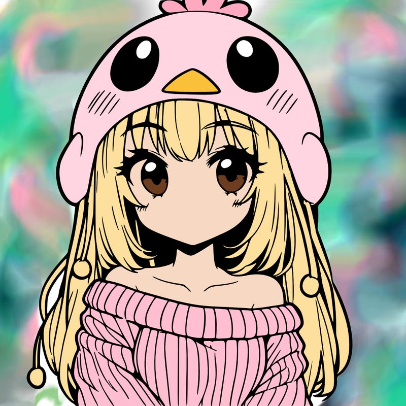 anime girl with chick shaped hat with sweater with bare shoulders with bangs covering them one eye with low tail