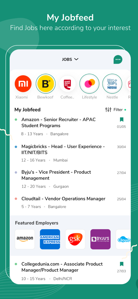 iimjobs : Find Management Jobs - Mobile app interface showing senior management job listings and featured employers on iimjobs.