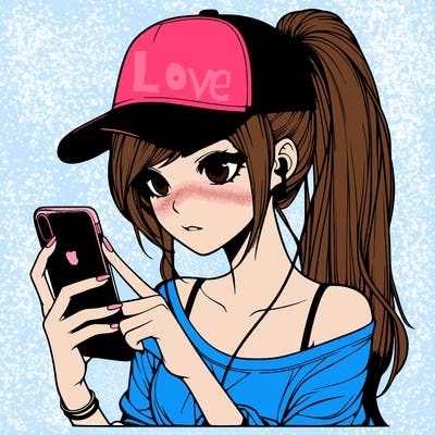 realistic girl with a long ponytail and trucker hat holding an iphone