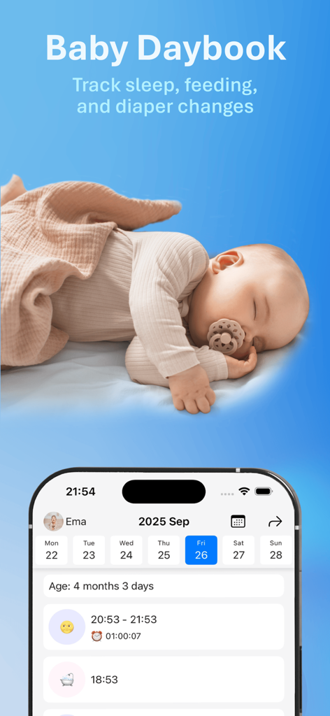 Babystart – Baby Tracker & Log - Babystart App-Dashboard, das tägliche Protokolle für Babyschlaf und Windelwechsel zeigt