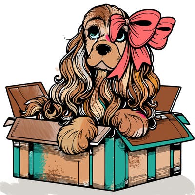 a spaniel american cocker with a beautiful bow coming out if a box realistic cute