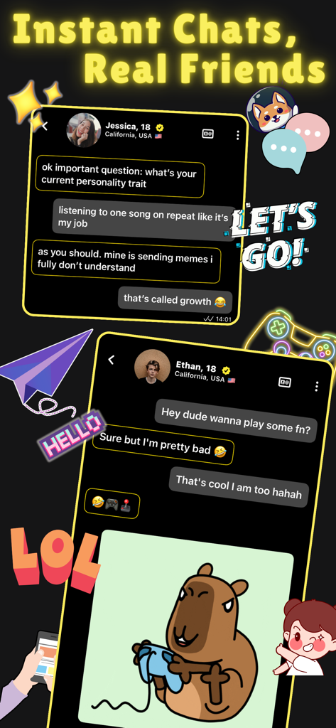 A mobile chat interface on the HMU app showing instant conversations between verified young adults about hobbies and gaming.