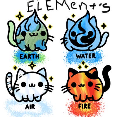 4 cats that represent the different elements, earth, water, air, and fire