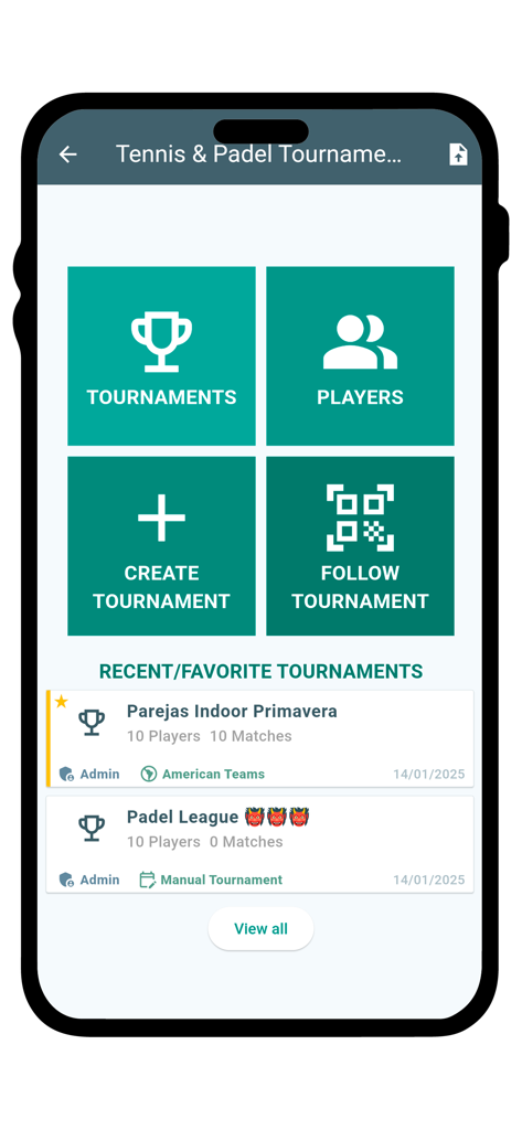 Tennis & Padel Tournaments - Hauptmenü der Tennis- und Padel-Turnier-App mit Optionen zur Erstellung und Verfolgung lokaler Racketsport-Wettbewerbe
