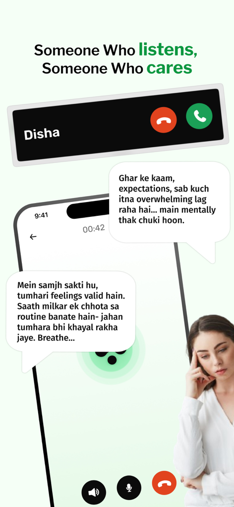 Disha AI health coach app interface showing a supportive chat conversation with a woman feeling overwhelmed.
