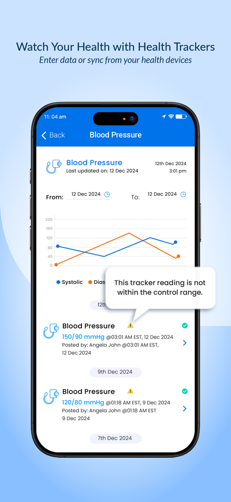 ContinuousCare Health App - ContinuousCare app blood pressure tracker screen with systolic and diastolic graph and alerts